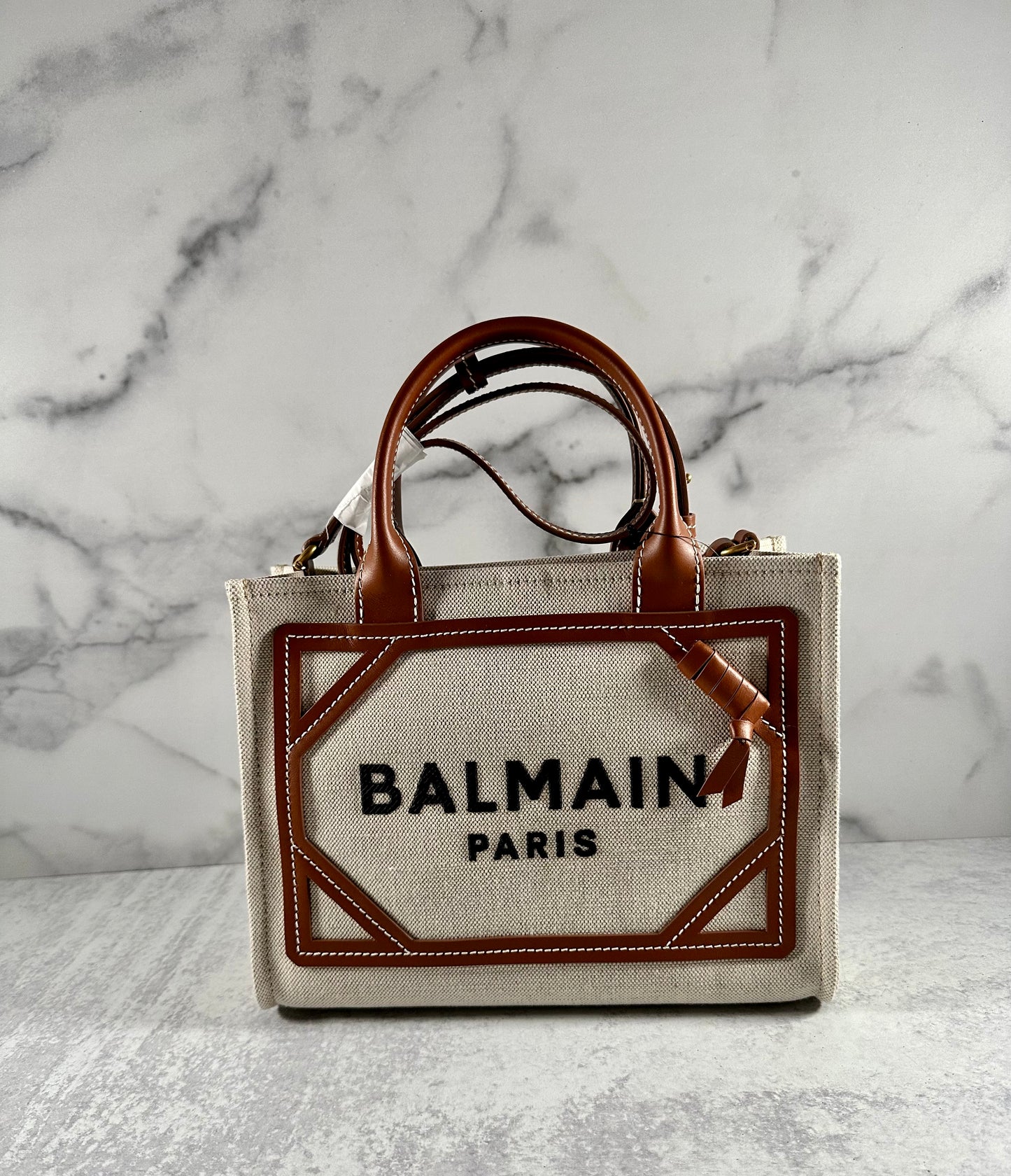 BALMAIN - b-army small leather trimmed cotton and linen blend tote bag