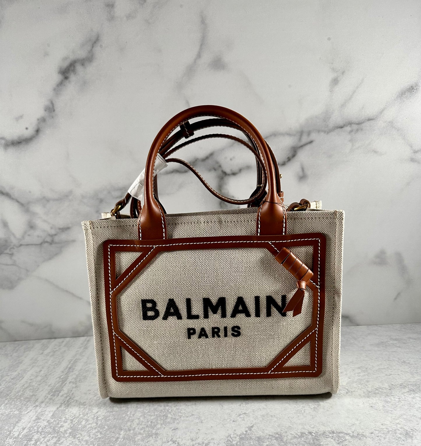 BALMAIN - b-army small leather trimmed cotton and linen blend tote bag