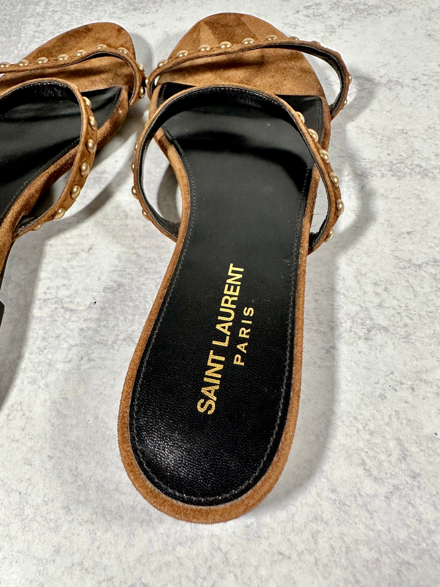 YSL Kiki Brown Suede Gold Studded Sandal Size 10