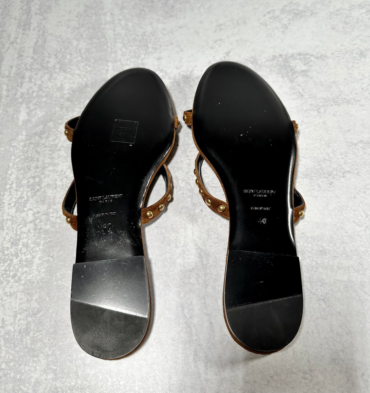 YSL Kiki Brown Suede Gold Studded Sandal Size 10