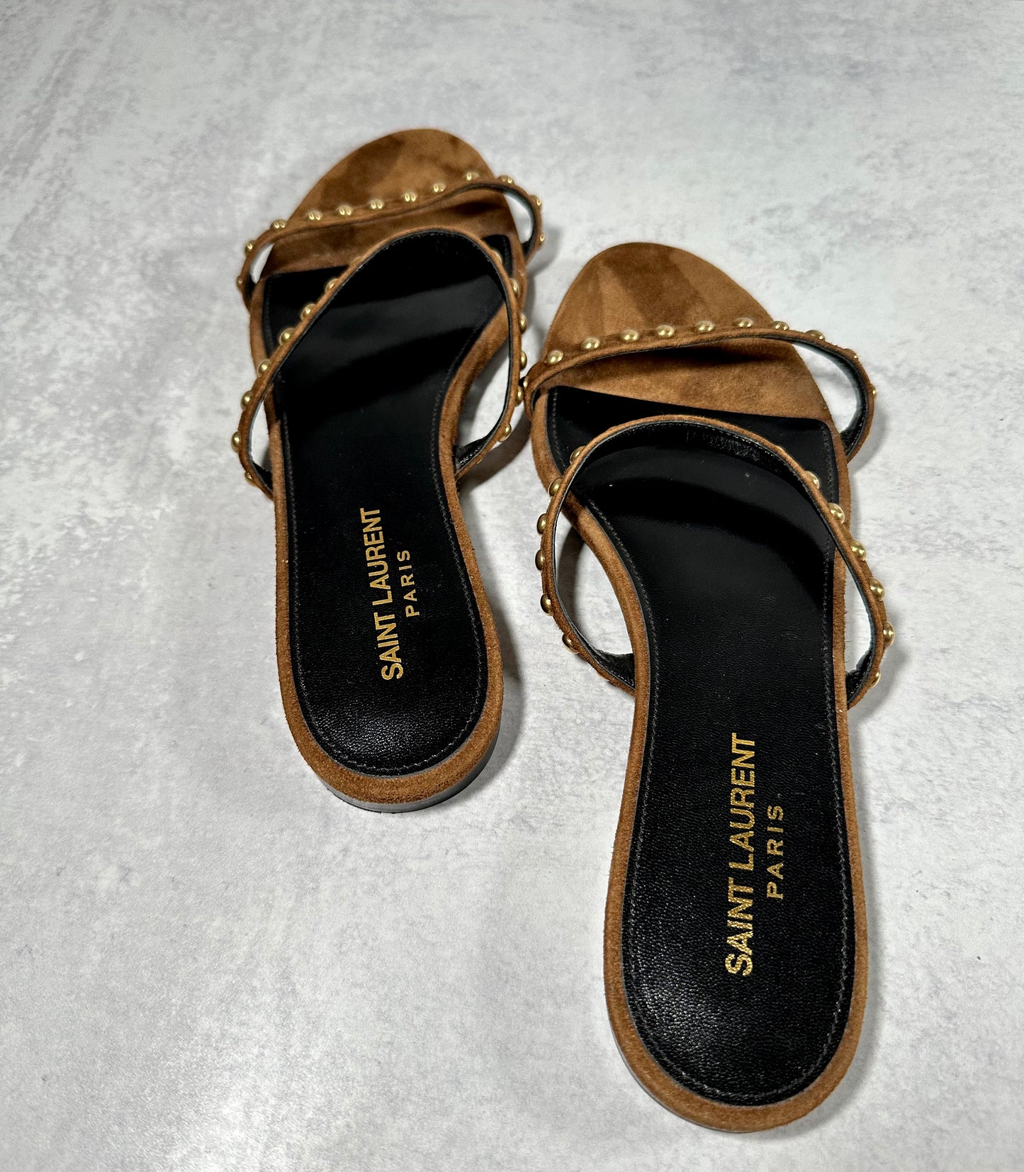 YSL Kiki Brown Suede Gold Studded Sandal Size 10