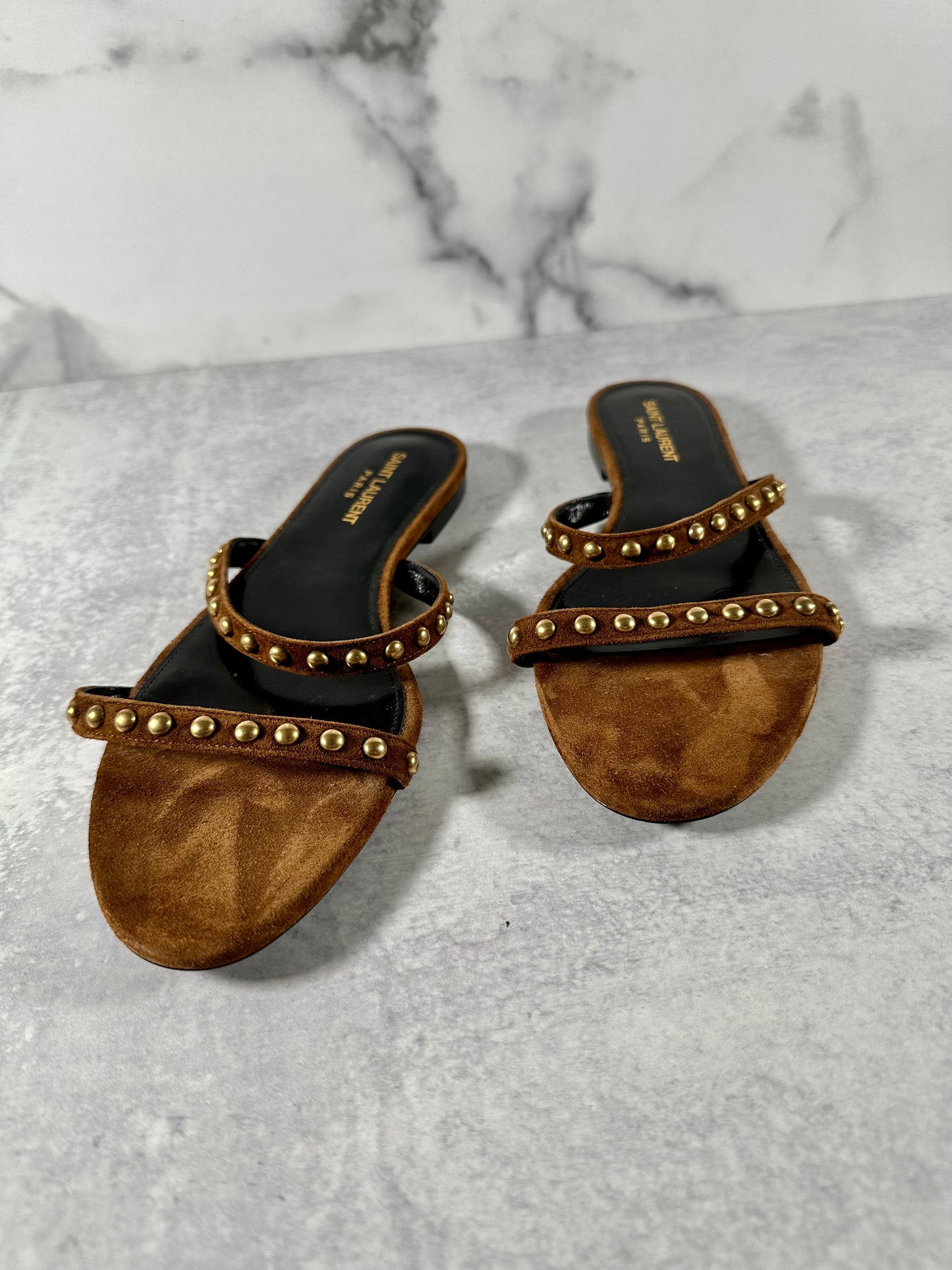 YSL Kiki Brown Suede Gold Studded Sandal Size 10