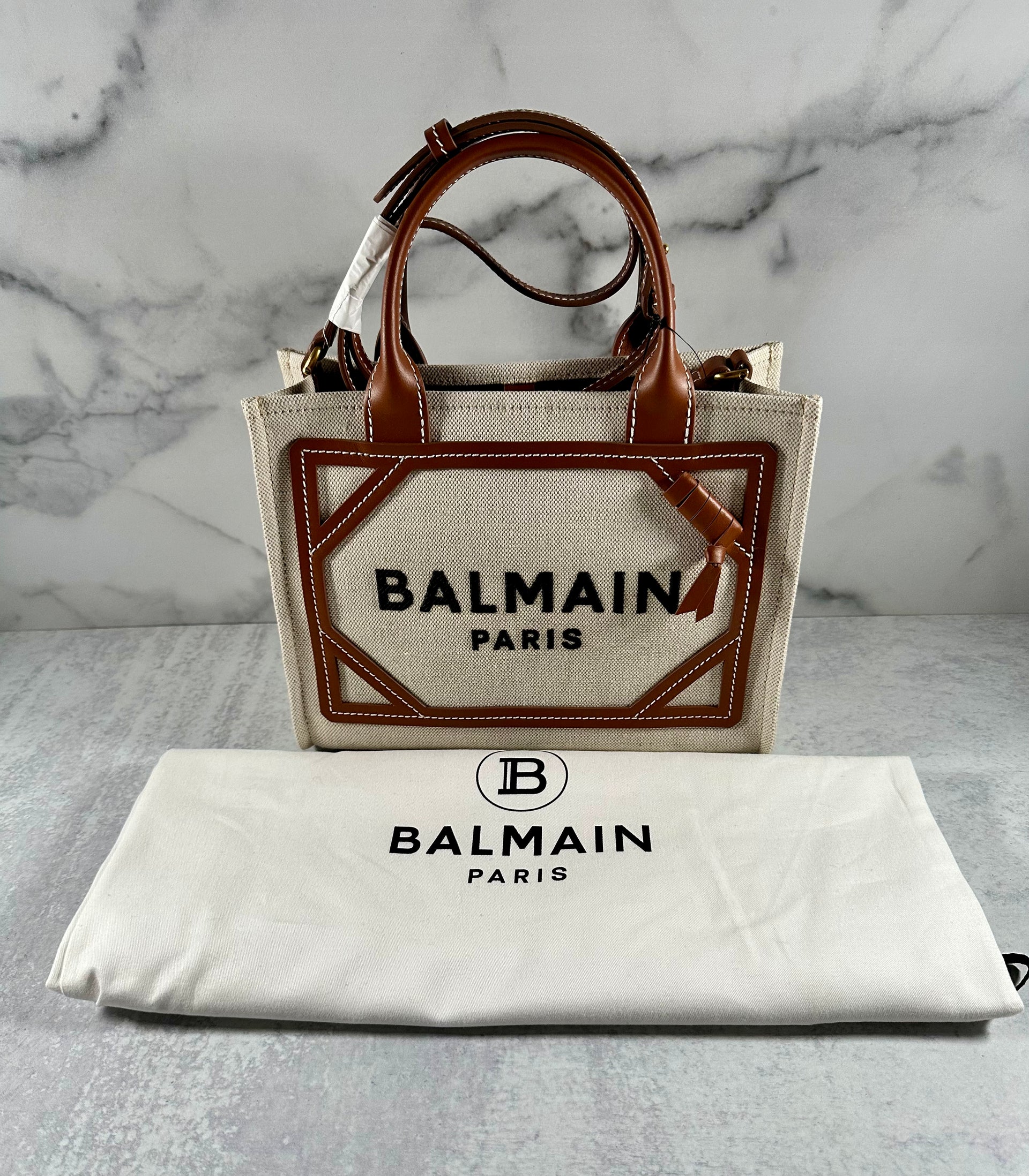 BALMAIN - b-army small leather trimmed cotton and linen