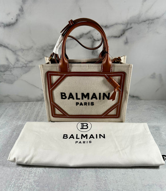 BALMAIN - b-army small leather trimmed cotton and linen blend tote bag