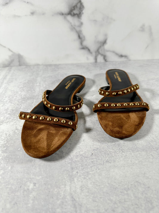 YSL Kiki Brown Suede Gold Studded Sandal Size 10